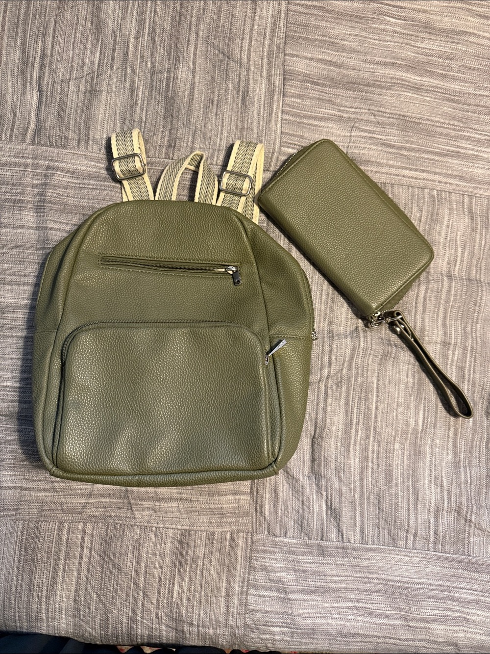 Olive Green Pebbled Leather Backpack with Matching Wristlet
